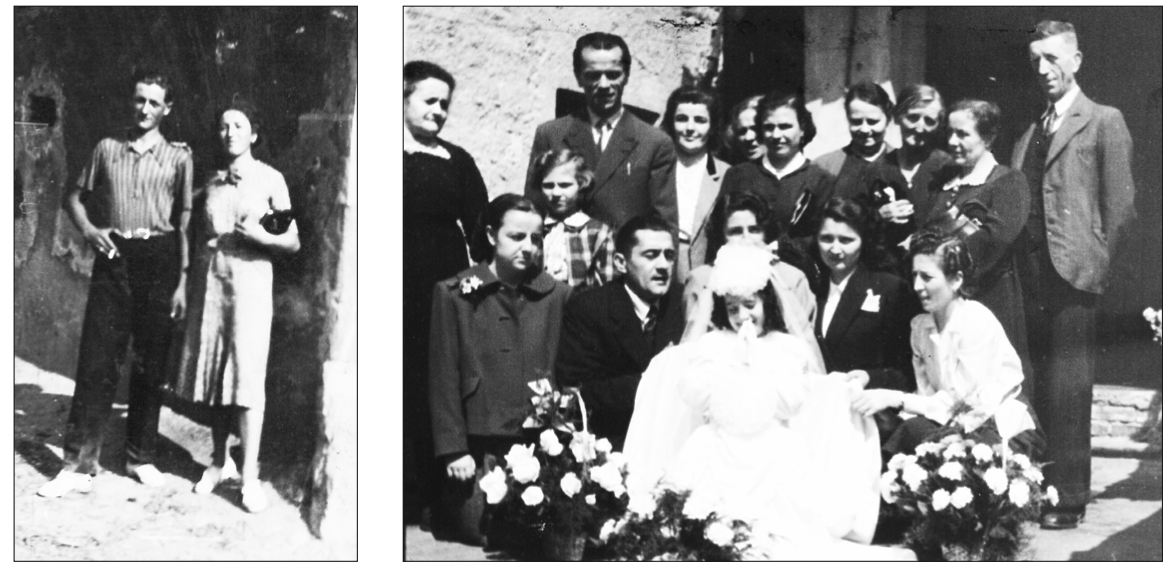A sinistra: anno 1939. Lo zio Giovanni con la sorella Caterina. A destra: 1949, il giorno della Prima Comunione dell'autrice di queste pagine. Il nonno Michele è sulla destra in piedi.