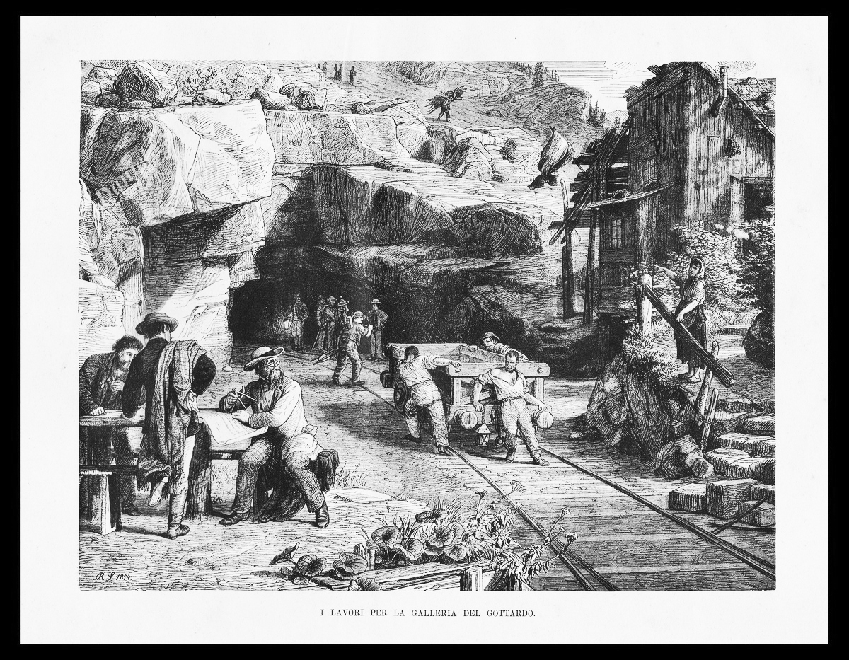 Una stampa raffigurante i lavori di costruzione della galleria del Gottardo. La ferrovia fu inaugurata nel 1882. Altri lavori vennero effettuati tra il 1919 e il 1924, per l’elettrificazione della linea (collezione Luigi Bovio).