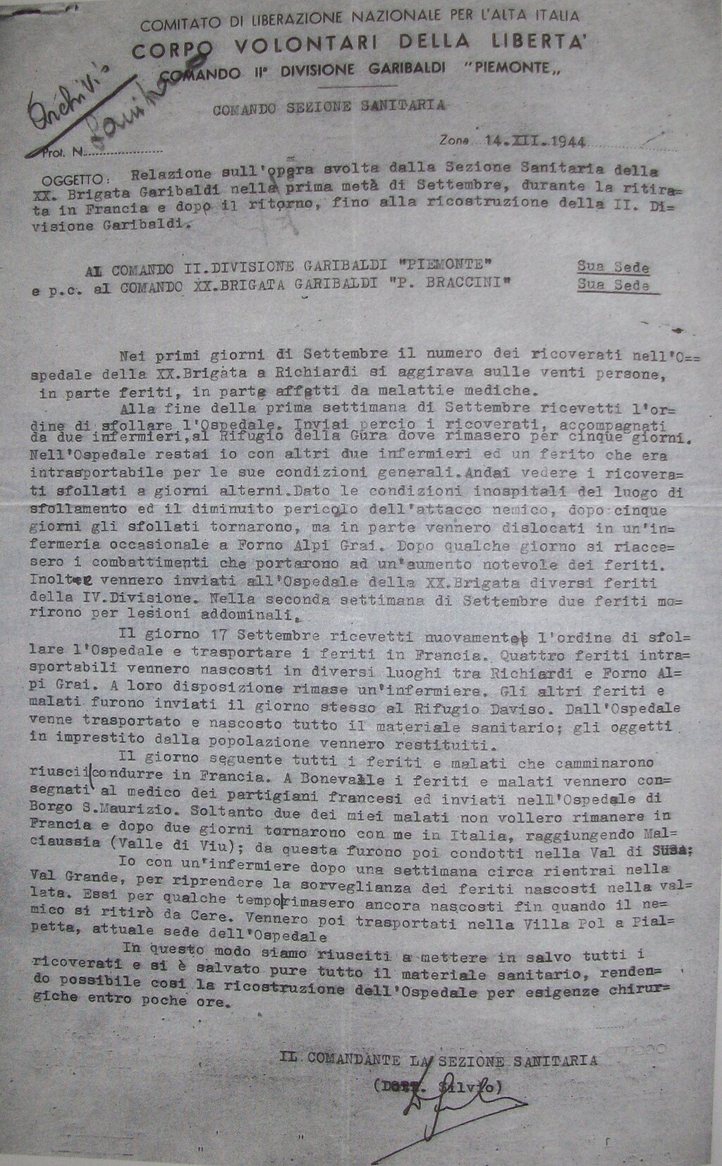 Relazione di Simone Teich Alasia inviate al Comando della II Divisione Garibaldi nel dicembre 1944. Il documento è firmato con il suo nome di battaglia "Dott. Silvio"
