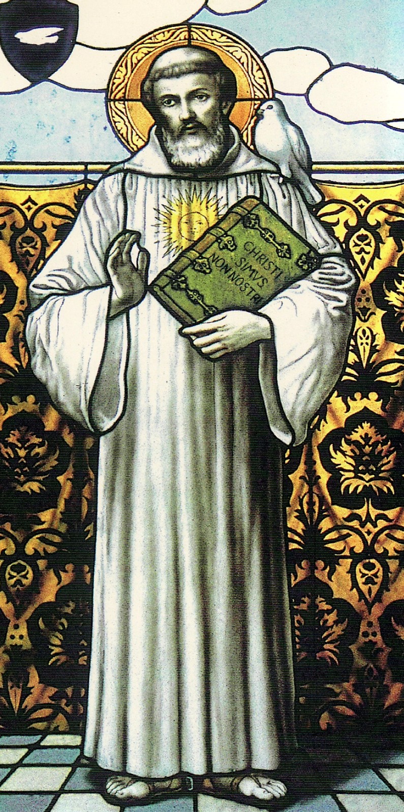 San Colombano raffigurato in una vetrata nell'abbazia di Bobbio