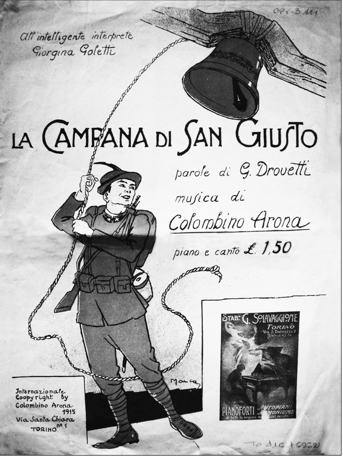 Copertina disegnata da Giovanni Manca della prima edizione (1915) dello spartito della celebre canzone.