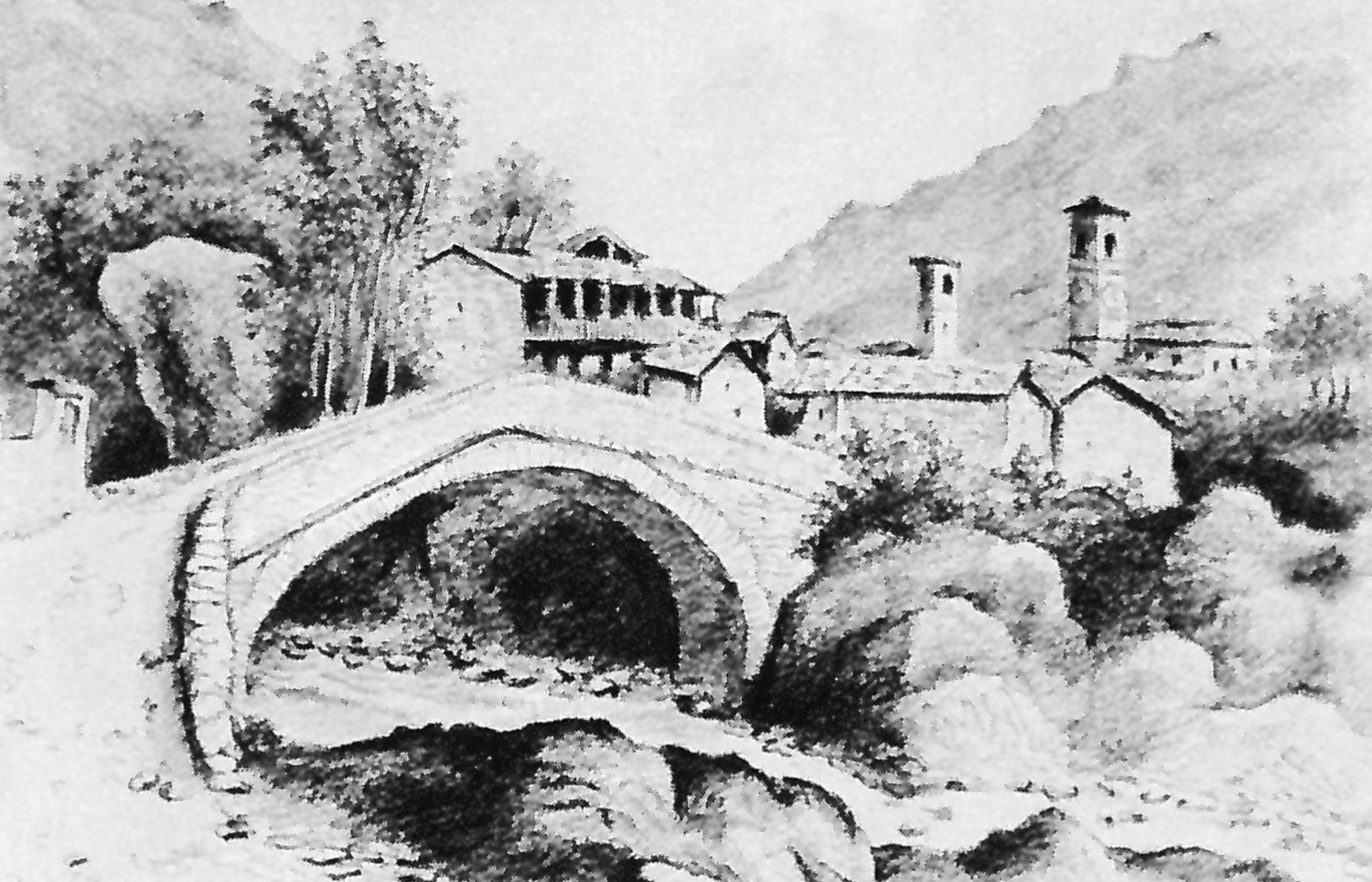 l villaggio di Lemie (posto ad una quota di circa 960 metri s.l.m.) e lo splendido ponte in pietra ad una sola arcata sovrastante la Stura di Viù. Disegno di Clemente Rovere, metà dell’Ottocento (dalla raccolta della Deputazione di Storia Patria di Torino).