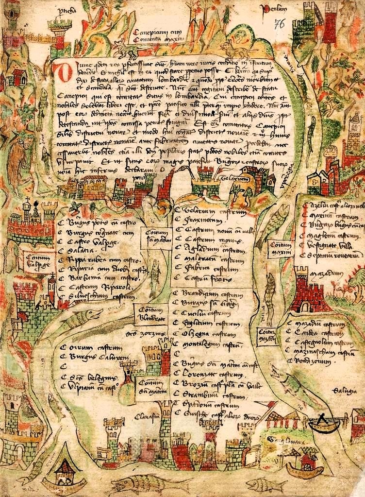 Due mulini natanti sul Po, in basso, nella bella miniatura trecentesca a corredo dell'opera di Pietro Azario (Biblioteca Ambrosiana, Milano)