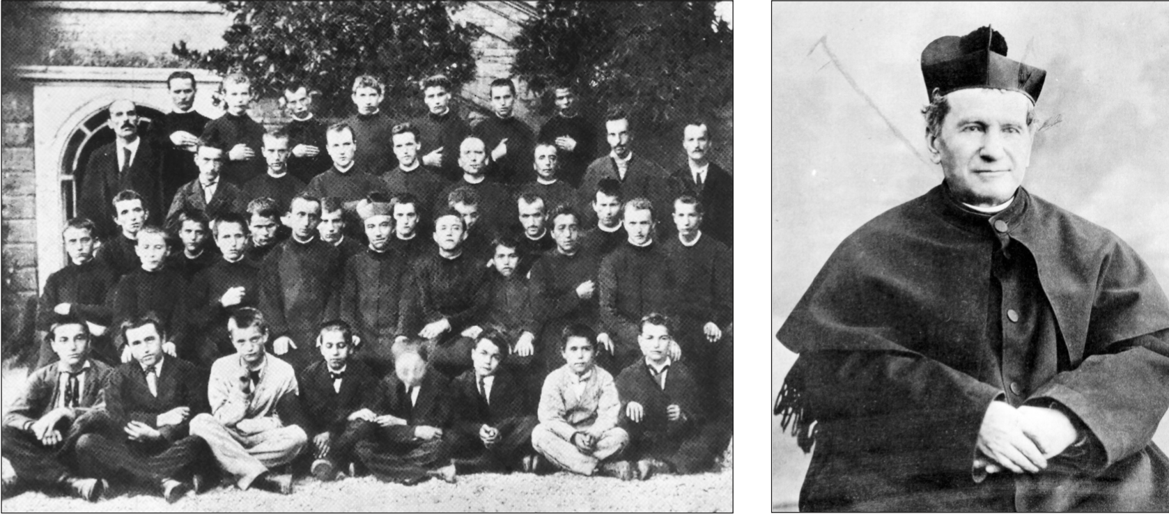 A sinistra: i primi salesiani nell'anno 1879. A destra: ritratto di San Giovanni Bosco.