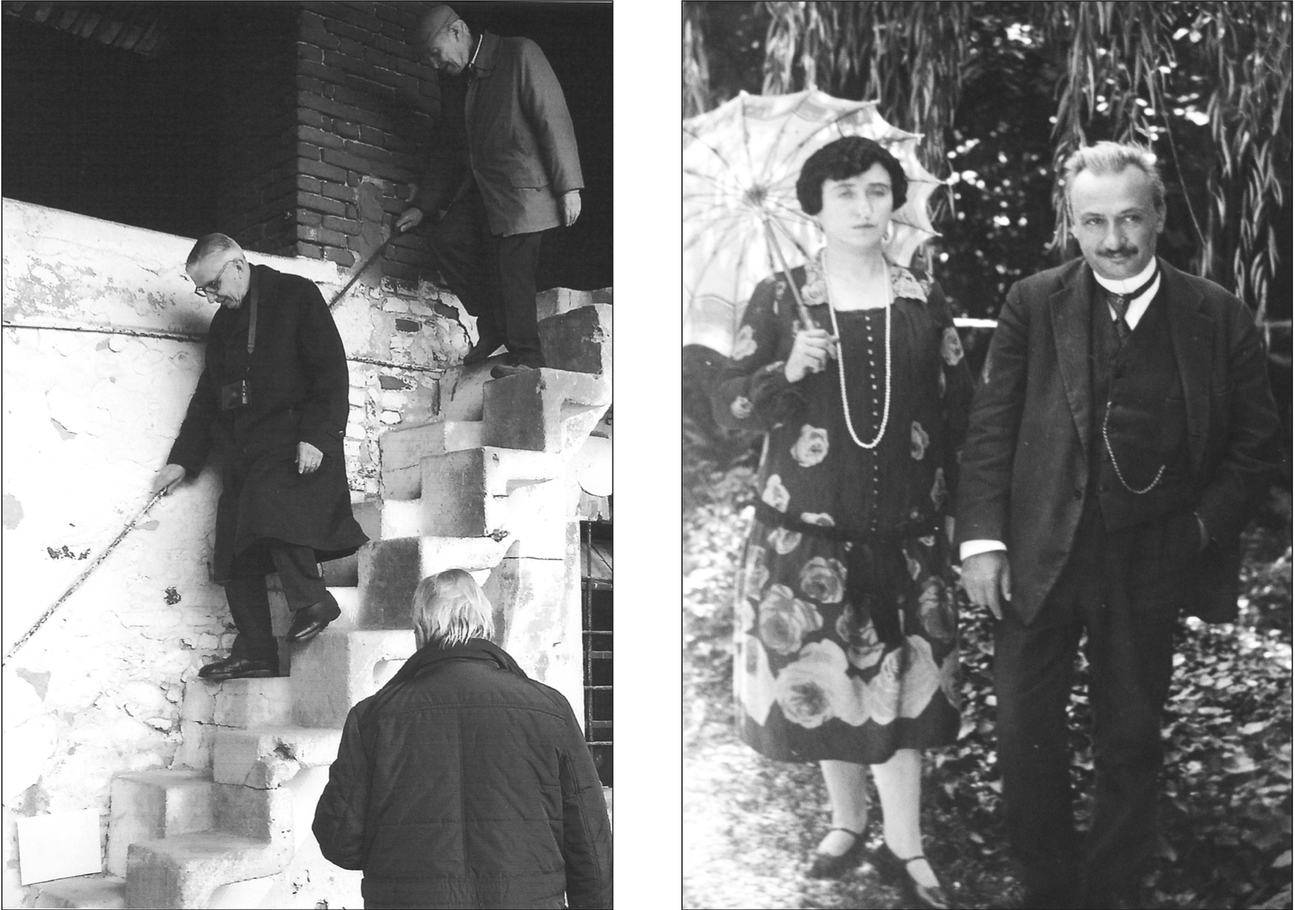 A sinistra: l’ingegner Giacomo Matté Trucco amava sperimentare nuove soluzioni. Qui vediamo la scala a gradini sfalsati fatta costruire nella Cascina del Convento ad Ozegna. A destra: Matté Trucco, in compagnia della moglie, nel giardino della cascina (fotografia archivio privato).