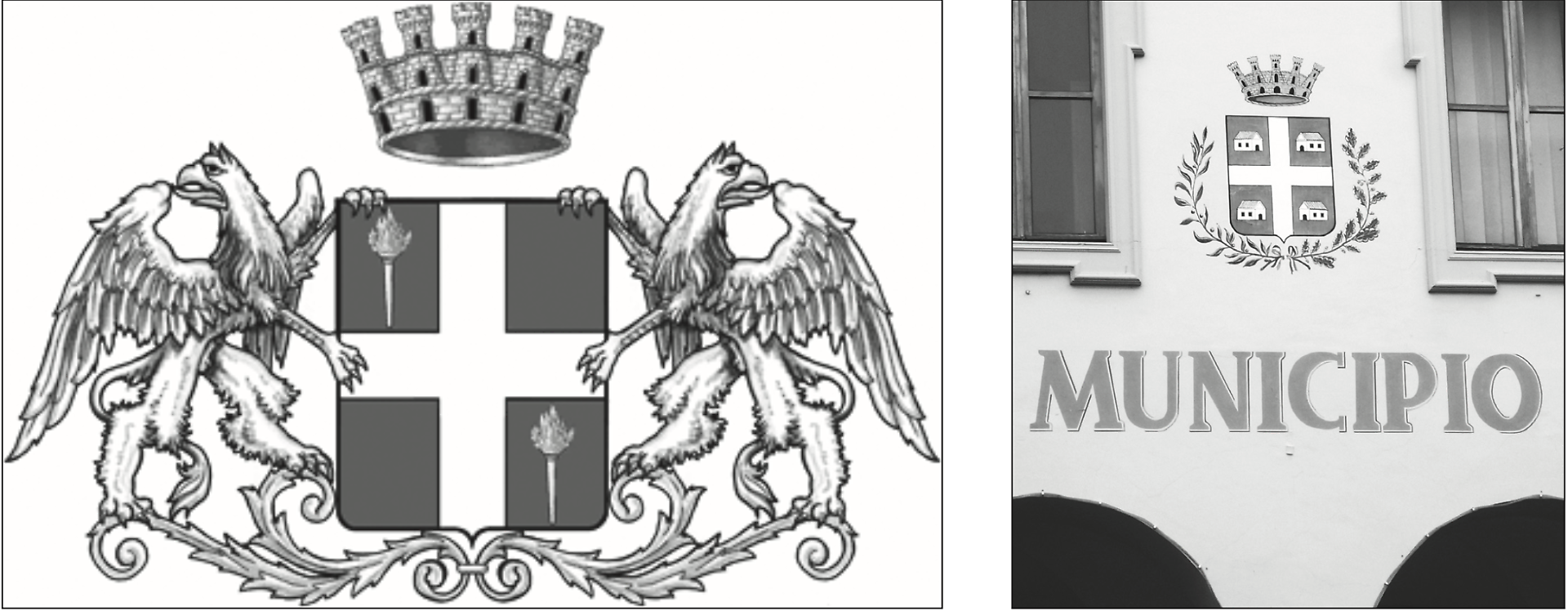 A sinistra: lo stemma di Ciriè. All’interno dello scudo sono rappresentate due torce accese. Nel blasone del 1614, al posto delle torce c’erano «due ceri d’oro fiammeggianti». Aggiunta recente, cioè del 1905, anche i due grifoni visibili a lato dello scudo. A destra: lo stemma di Caselle, così com’è disegnato sulla facciata del municipio, in cui la disposizione delle casette non corrisponde a quella presente nell'attuale gonfalone cittadino.