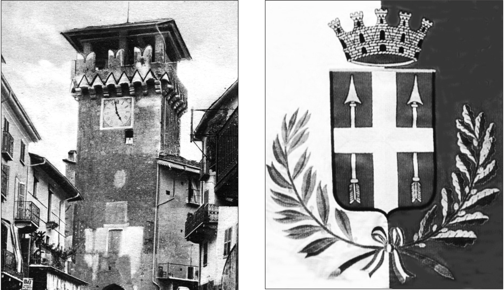 A sinistra: l’imponente porta turrita d’Aymone, posta all’ingresso della via maestra nella parte alta del borgo di Lanzo. A destra: l’attuale stemma della città, nel quale compaiono due frecce al posto delle originarie lance.