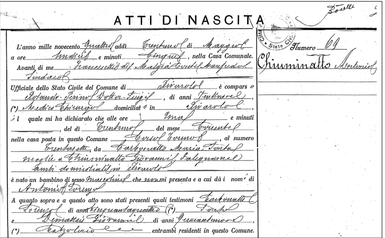 L'estratto del certificato di nascita di Antonio Chiuminatto, avvenuta a Rivarolo Canavese il 31 maggio 1904. Morirà improvvisamente a St. Paul, Stato del Minnesota, nel marzo 1973.