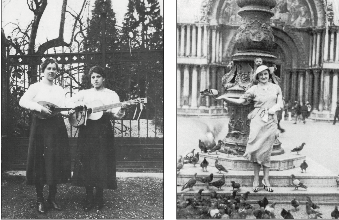 A sinistra: Matilde Deut, con la chitarra, a Morcote (Svizzera). A destra: Quintina Chiavario a Venezia