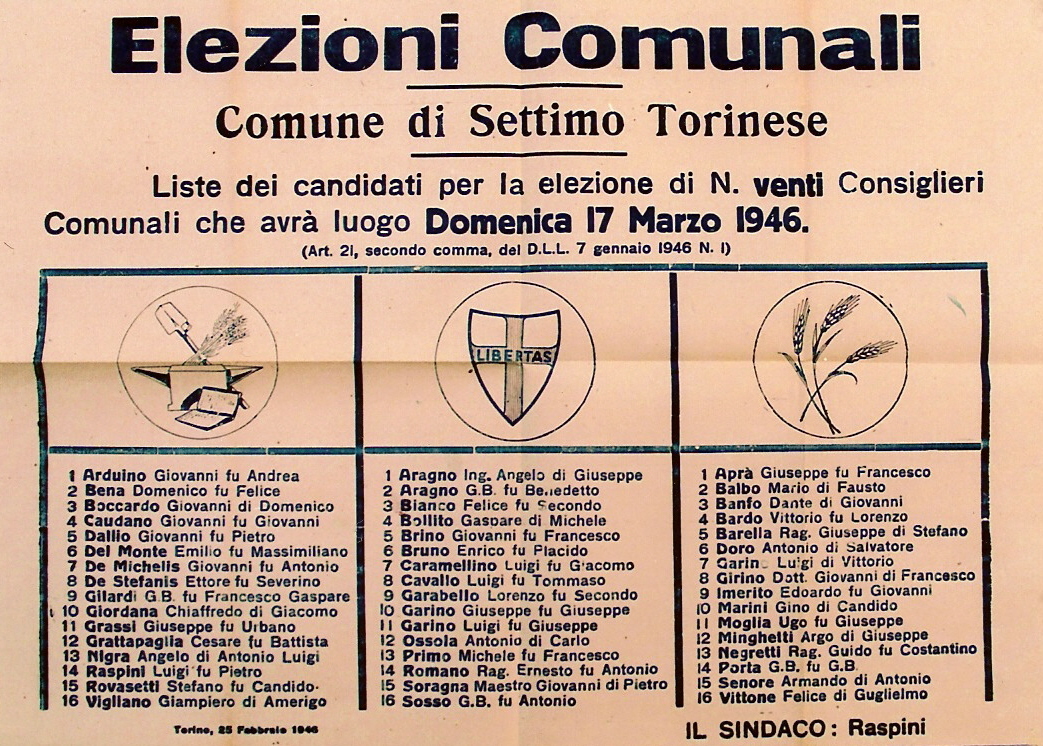 Le liste in competizione a Settimo il 17 marzo 1946 (le prime elezioni in cui votarono le donne)