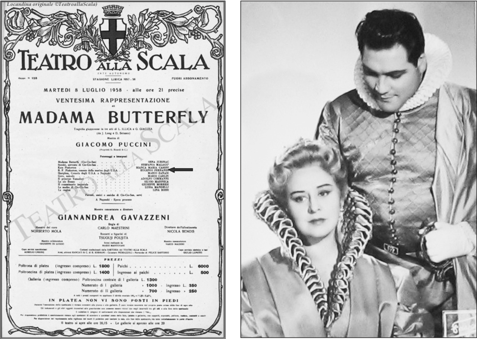 A sinistra: locandina della rappresentazione di Madama Butterfly, Teatro alla Scala, Milano 1958. A destra: Eugenio Fernandi con il soprano Sena Jurinac in Don Carlos al Festival di Salisburgo, 1958.