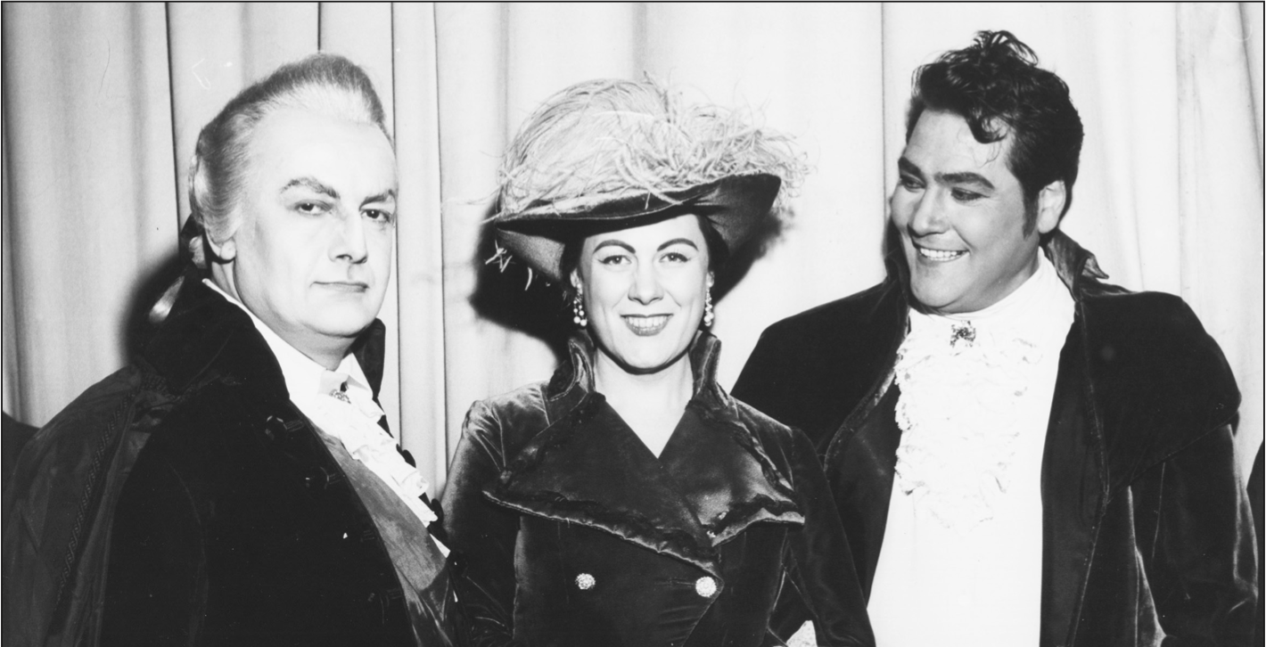 Renata Tebaldi tra Tito Gobbi ed Eugenio Fernandi al Metropolitan di New York nel 1958