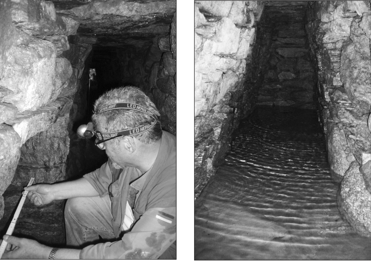 Da sinistra: un operatore durante il rilievo della struttura all&rsquo;interno del cunicolo. A destra: la polla d&rsquo;acqua al fondo del manufatto.