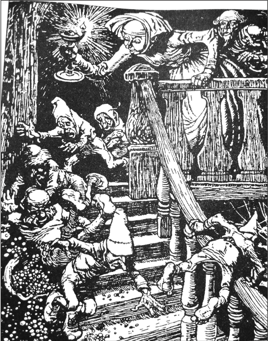 Folletti in fuga in un disegno di Gustav Olms (1930). Gli spiriti, creature dimoranti in un mondo fantastico parallelo al nostro, compaiono in molte storie della tradizione montanara.